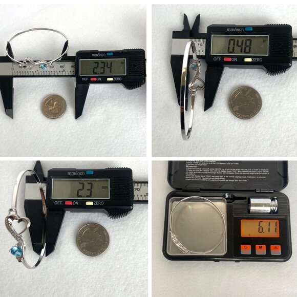 Sterling Silver 925 Prong Set Blue Topaz Heart Oval Hinged Bangle Bracelet 7" - Picture 11 of 16